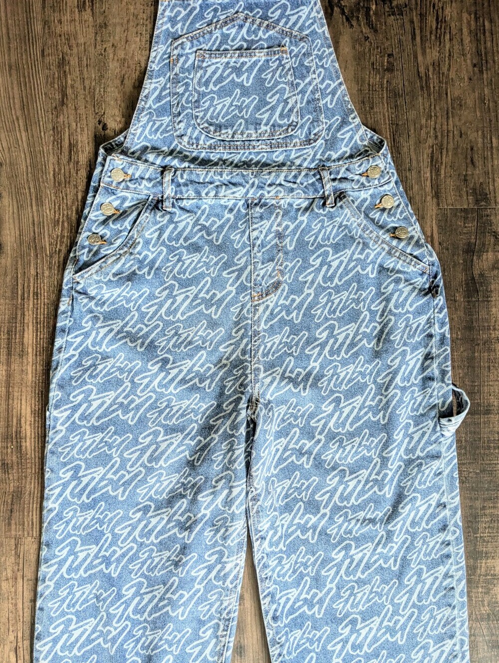FUBU Logo Print Denim Overalls Blue Orange 2022 F21 Collab - Picture 12 of 14